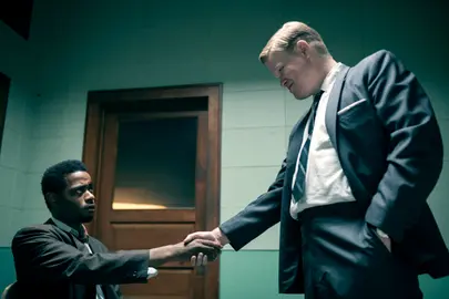 This image released by Warner Bros. Pictures shows Lakeith Stanfield, left, and Jesse Plemons in a scene from &acirc;Judas and the Black Messiah.&acirc;  (Warner Bros. Pictures via AP)