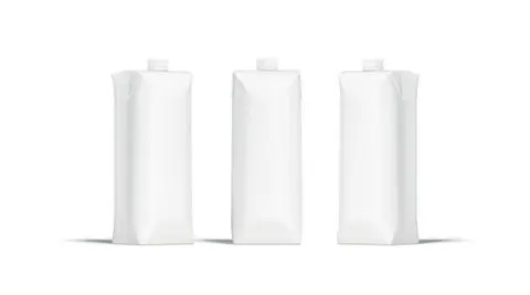 Blank white prisma juice pack with lid mockup set, 3d rendering. Empty fresh beverage box mock up, isolated. Tetra package for milk or yogurt template. Cardboard container with cap for design.