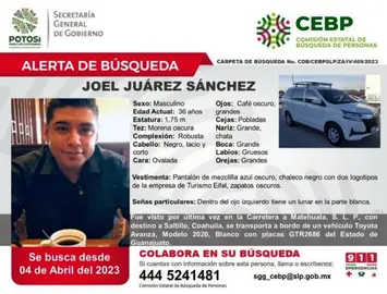 El guanajuatense asesinado Joel Ju&aacute;rez S&aacute;nchez, en ficha de alerta emitida por San Luis Potos&iacute;
