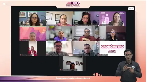 Sesi&oacute;n del Consejo General del IEEG, encabezado por la consejera presidenta Brenda Canchola Elizarraraz (arriba a la izquierda).