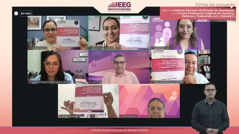 Momento de la firma virtual del convenio, con la participaci&oacute;n de la consejera presidenta del IEEG, Brenda Canchola, y el presidente del Consejo Directivo del CEPIADET, Tom&aacute;s L&oacute;pez Sarabia, entre otros funcionarios y asistentes.