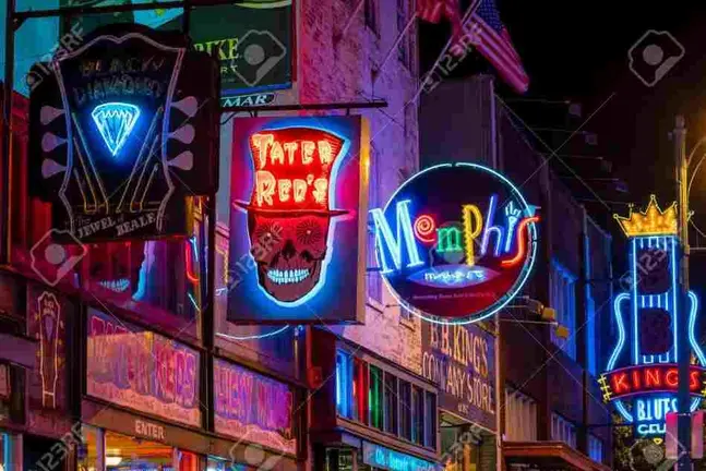 MEMPHIS, USA - NOV 12: Neon signs of famous blues clubs on Beale street on November 12, 2016  Beale street is a place for blues festivals and concerts