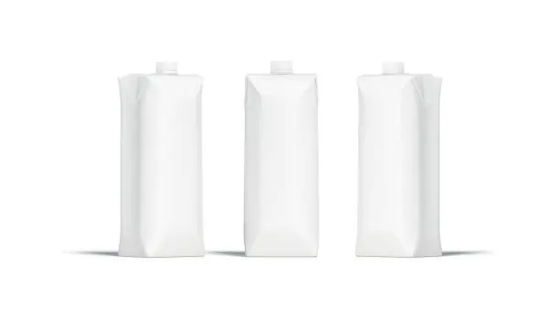 Blank white prisma juice pack with lid mockup set, 3d rendering. Empty fresh beverage box mock up, isolated. Tetra package for milk or yogurt template. Cardboard container with cap for design.