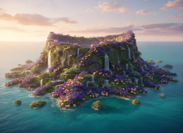 La isla prodigiosa surgi&oacute; en el horizonte como una cr&aacute;tera colmada de lirios y de rosas - IA de Adobe Firefly