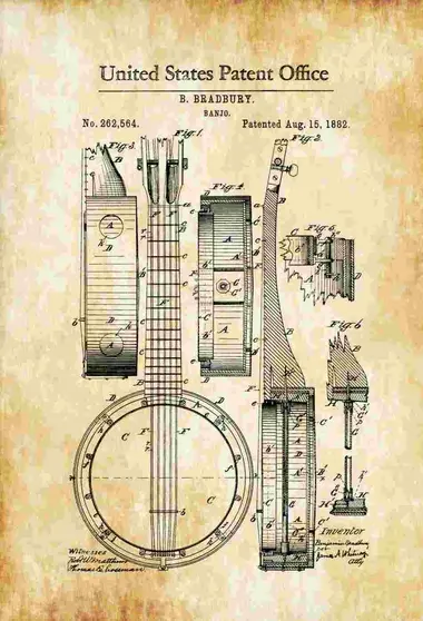 Patente de banjo, 1882. Imagen, www.mypatentprints.com