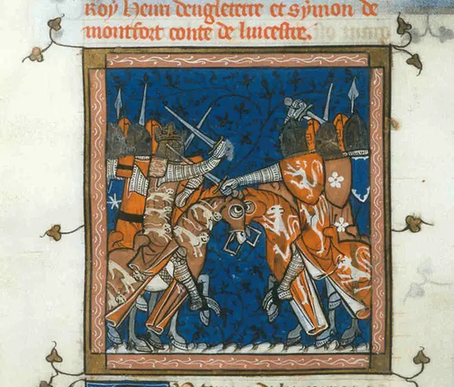 Henry III versus Simon de Montfort, from the British Library manuscript Royal 16 G VI, Chroniques de France ou de St Denis, after 1332, before 1350