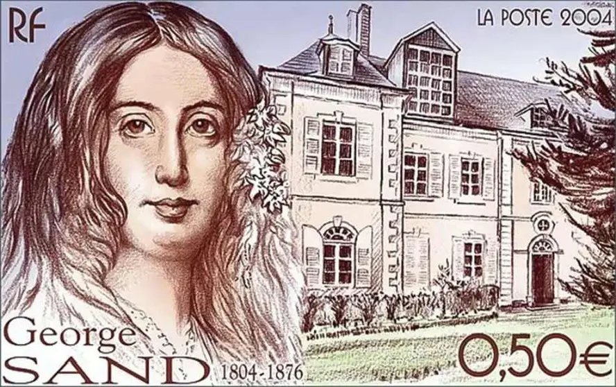 George Sand - Estampilla conmemorativa, con la casa de Nogent como fondo