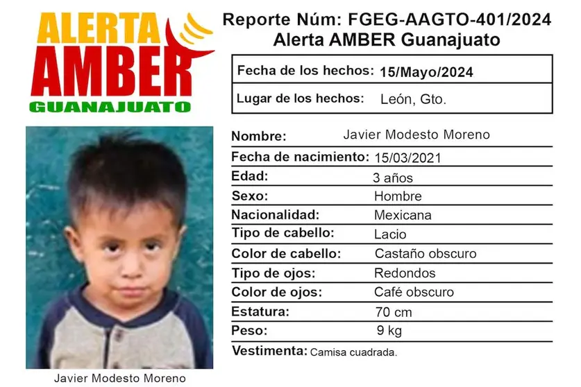 Ficha de alerta AMBER del niño Javier Modesto Moreno, emitida el 15 de mayo del 2024