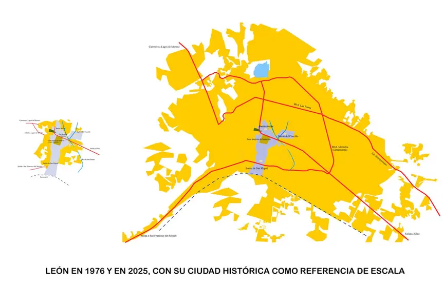 León en 1976 y en 2025 con su ciudad histórica como referencia de escala – Gráfica, MAGG