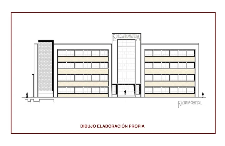Fachada de la Escuela Preparatoria de Le&oacute;n - Dibujo de Miguel &Aacute;ngel Garc&iacute;a G&oacute;mez