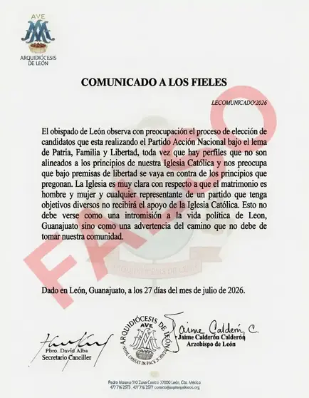 El documento que circula en redes sociales, denunciado como falso por el Arzobispado de Le&oacute;n