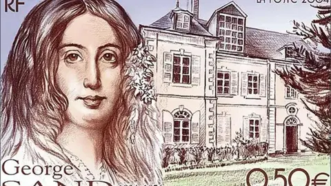 George Sand - Estampilla conmemorativa, con la casa de Nogent como fondo