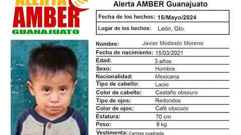 Ficha de alerta AMBER del ni&ntilde;o Javier Modesto Moreno, emitida el 15 de mayo del 2024